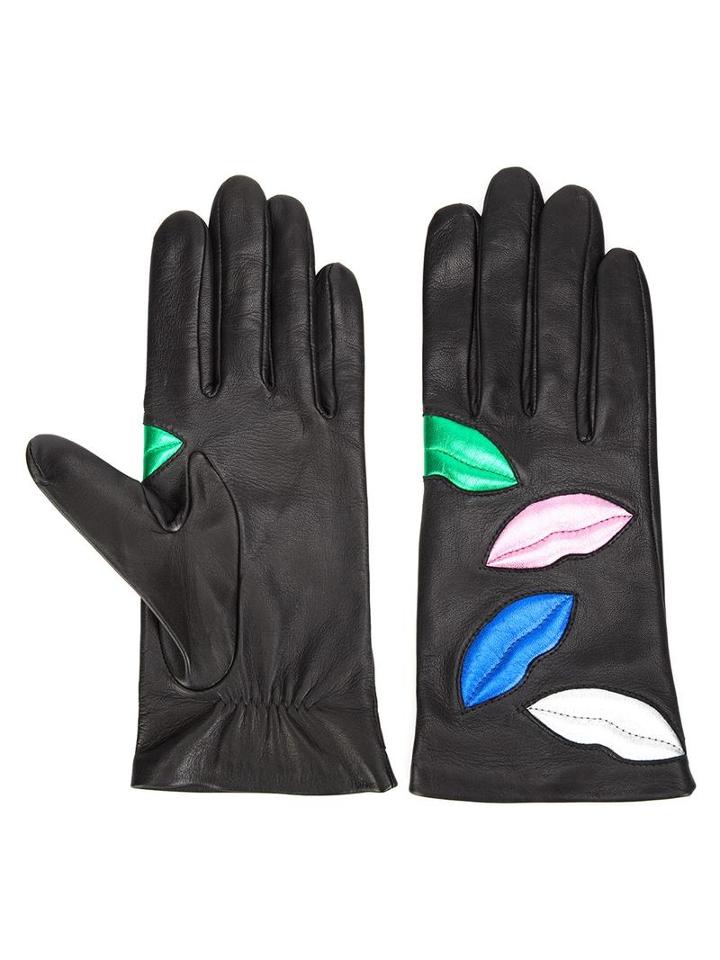 Faith Connexion Embroidered Lips Gloves, Women's, Size: 8, Black, Silk/lamb Skin