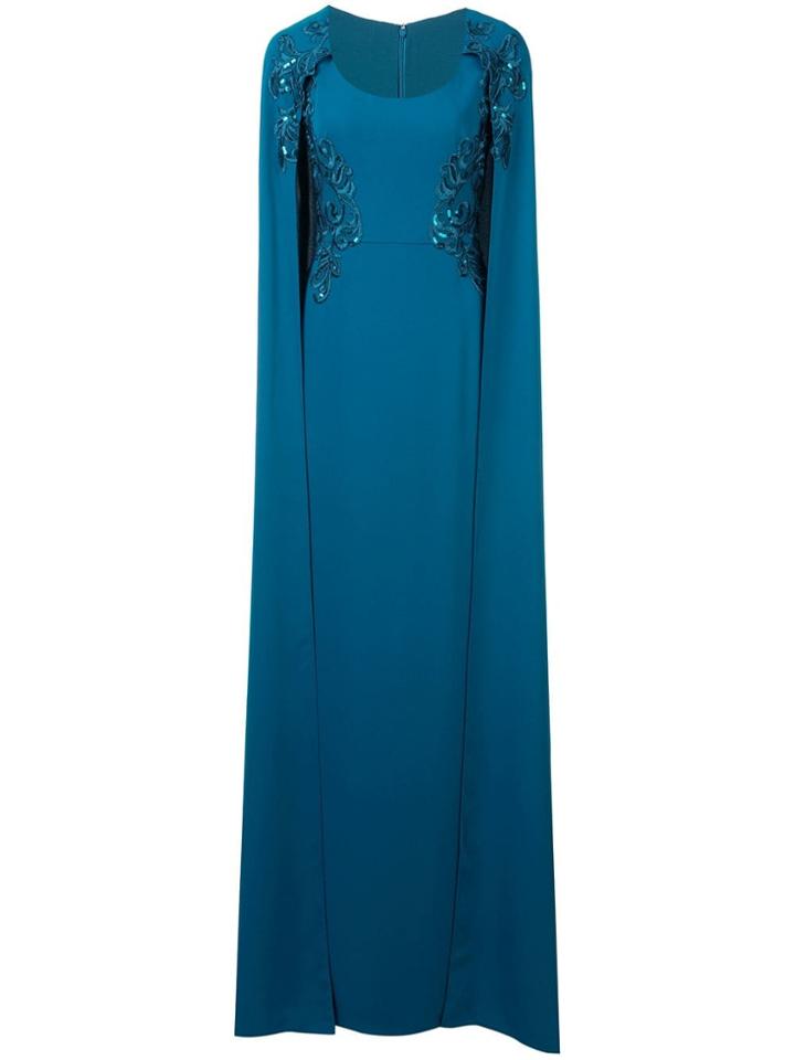 Marchesa Notte Cape-effect Embroidered Gown - Blue