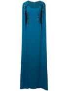 Marchesa Notte Cape-effect Embroidered Gown - Blue