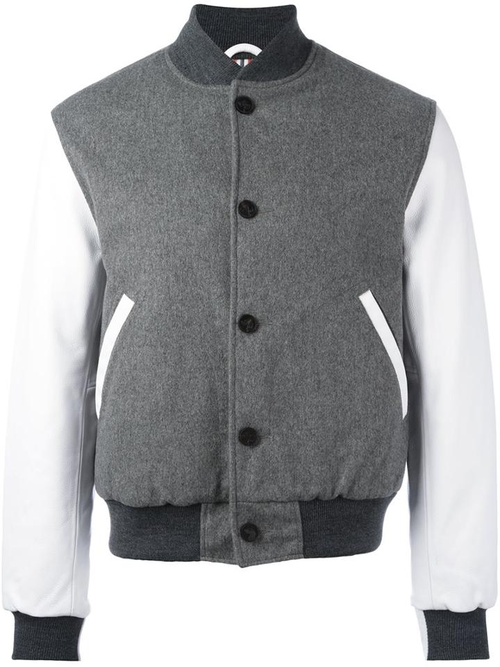 Thom Browne Varsity Bomber Jacket, Men's, Size: 0, Grey, Cupro/calf Leather/cashmere