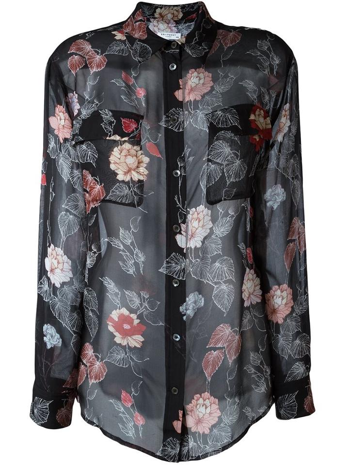 Equipment Semi-sheer Floral Print Blouse, Women's, Size: Xs, Black, Silk
