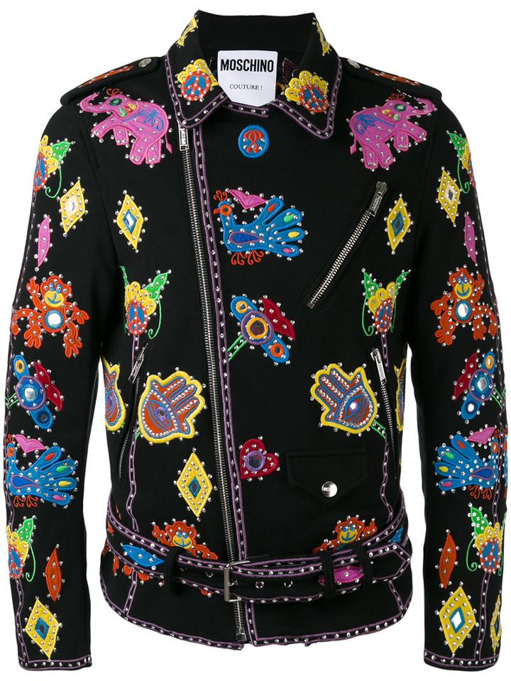 Moschino - Embroidered Biker Jacket - Men - Cotton - M, Black, Cotton