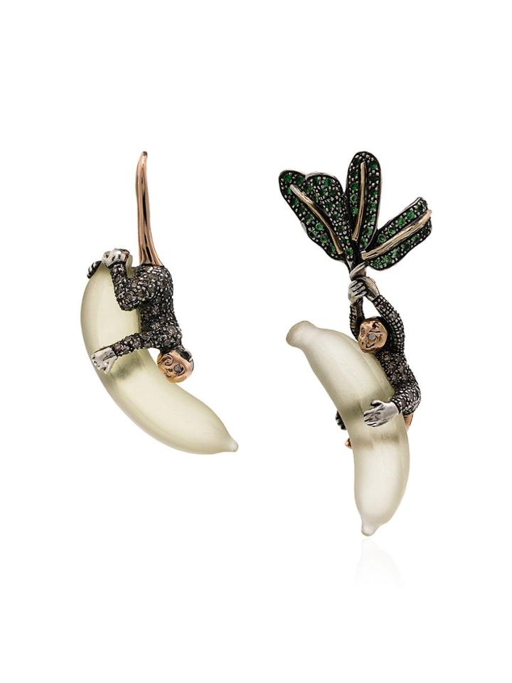 Bibi Van Der Velden Monkeys On Banana Asymmetrical Earrings - Metallic
