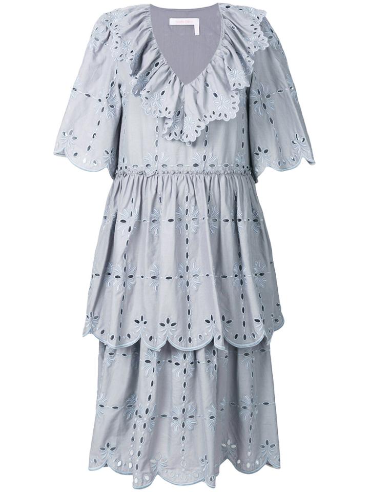 See By Chloé Tiered Open Embroidery Midi Dress - Grey