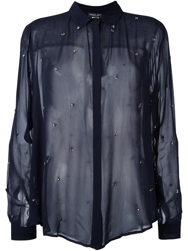 Twin-set Embellished Sheer Shirt, Women's, Size: Xxs, Blue, Polyester/viscose/glass