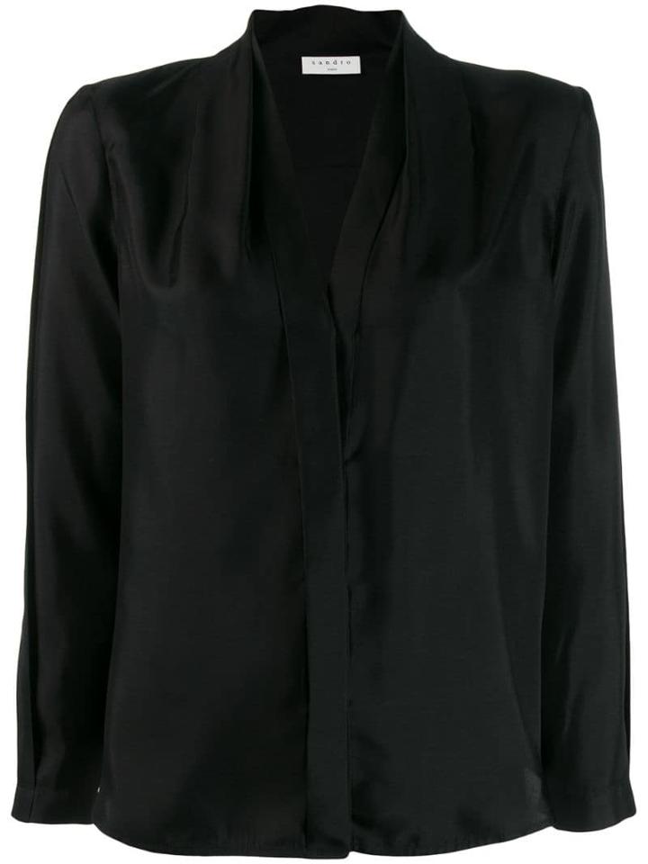Sandro Paris Long-sleeved V-neck Blouse - Black