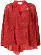 Noon By Noor Floral Burnout Relaxed Henley Neck Ruched Blouse - Red
