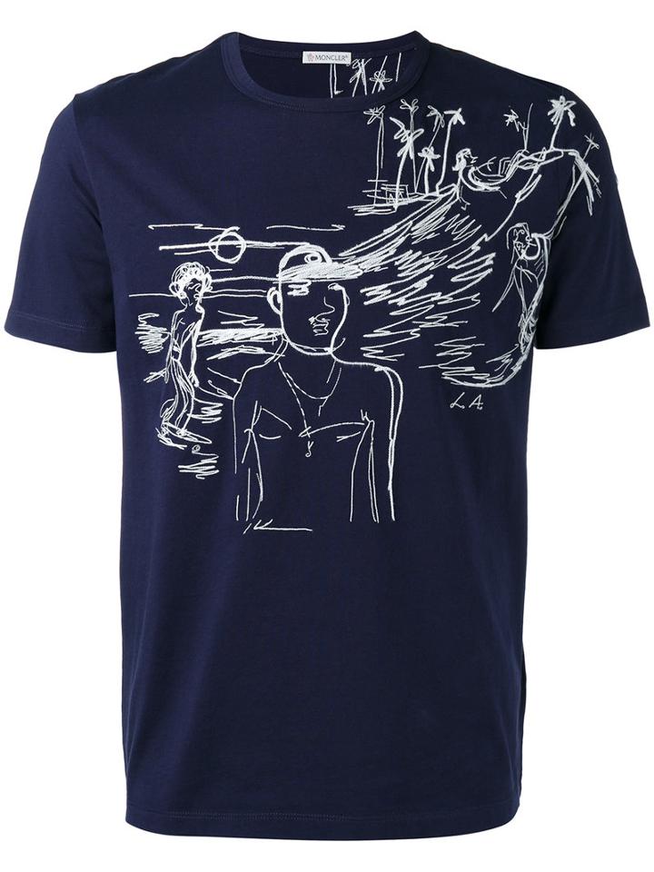 Moncler Stitched Motif T-shirt, Men's, Size: Xl, Blue, Cotton/polyester/acrylic