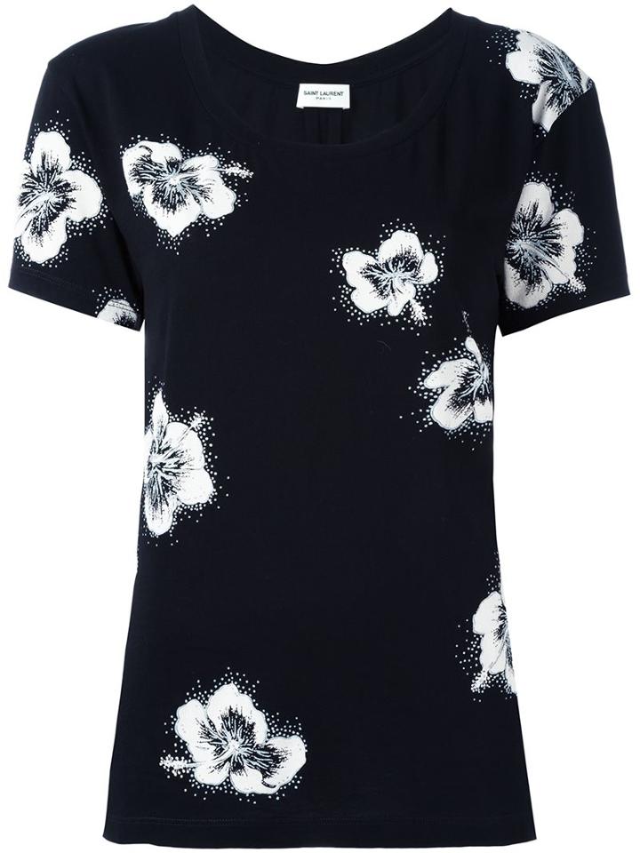 Saint Laurent Hibiscus Print T-shirt, Women's, Size: Medium, Black, Cotton/polyester