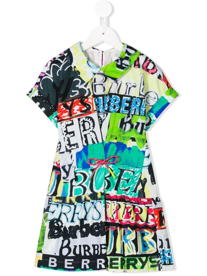 Burberry Kids Teen Graffiti Logo Print Cotton Drawcord Dress - Green