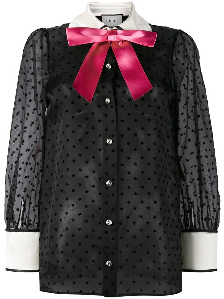Gucci - Sheer Star Pussy Bow Blouse - Women - Silk/polyester - 46, Black, Silk/polyester