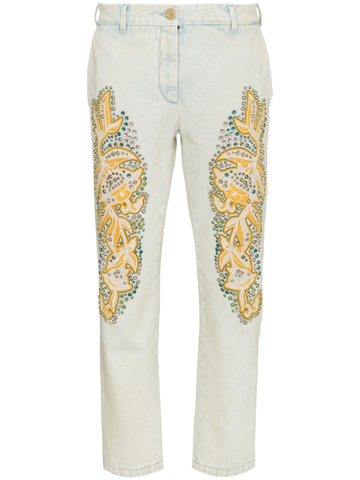 Gucci Crystal Embroidered Denim Jeans - White
