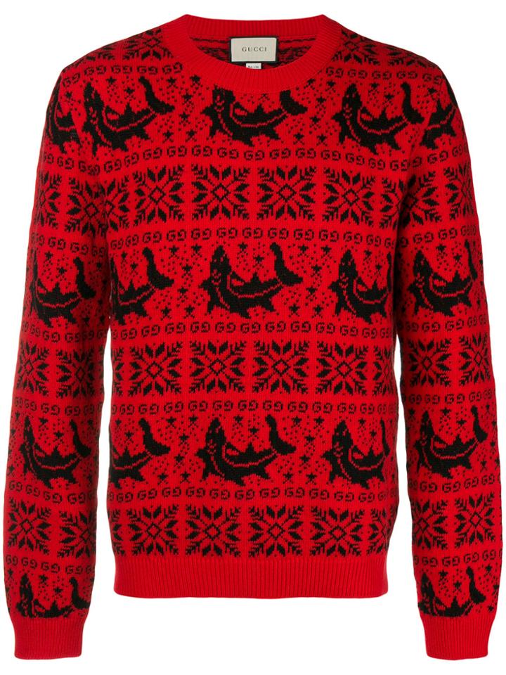 Gucci Gg And Dolphin Jacquard Wool Sweater - Red