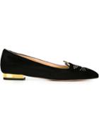 Charlotte Olympia Mid-century Kitty Slippers, Women's, Size: 39, Black, Velvet/calf Leather