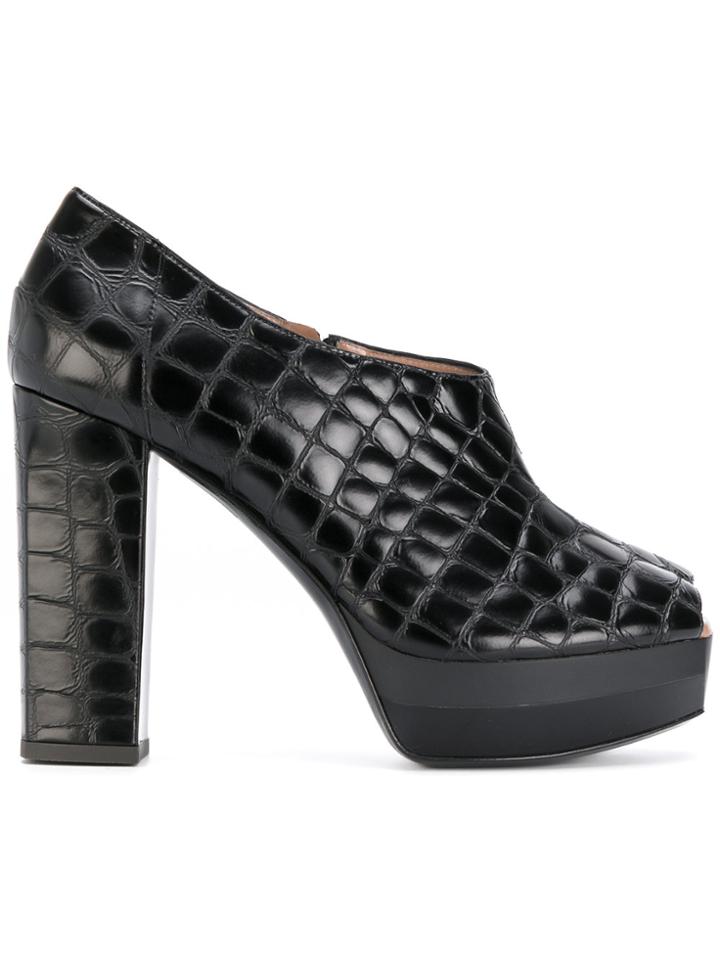 Pollini Crocodile Embossed Peep Toe Pumps - Black