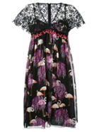 Giamba Flamingo Print V-neck Dress, Size: 42, Black, Cotton/silk/polyester