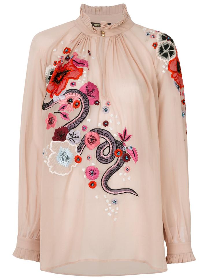Roberto Cavalli - Embroidered Floral Top - Women - Silk - 44, Pink/purple, Silk