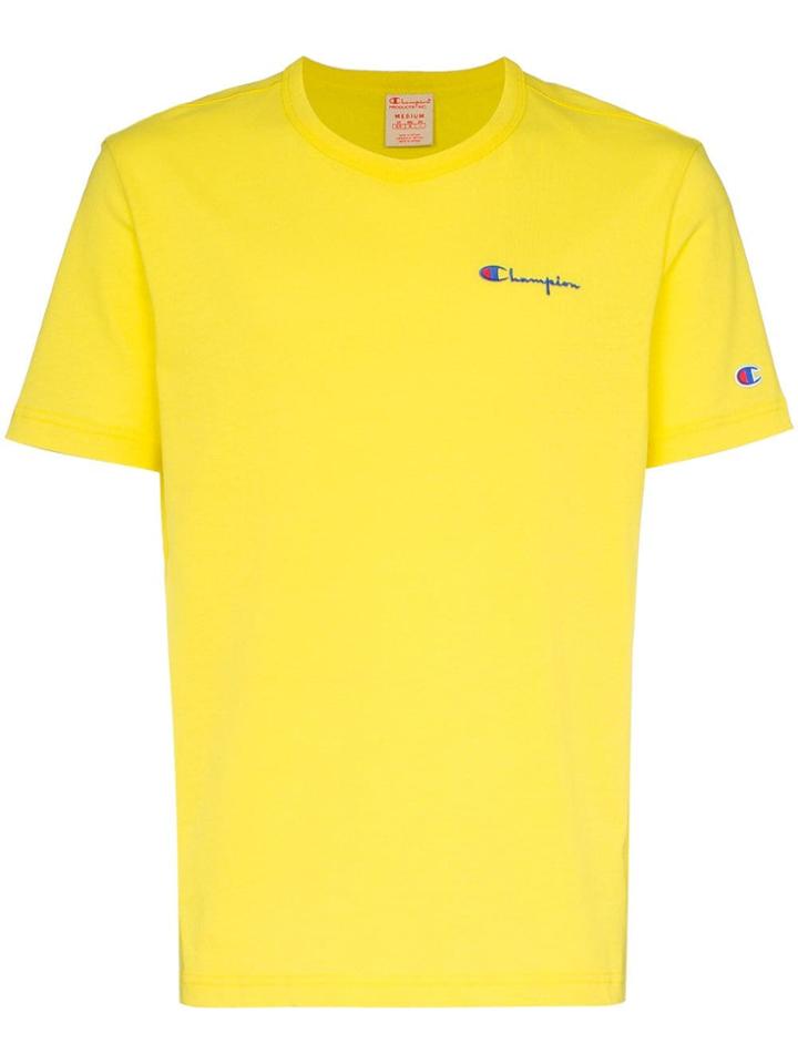 Champion Yellow Reverse Weave Logo Embroidered Cotton T Shirt