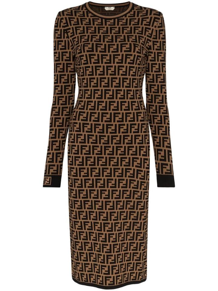 Fendi Logo Print Pencil Midi Dress - Brown
