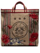 Gucci Beige Floral Embroidered Pig Patch Jute Tote Bag - Brown