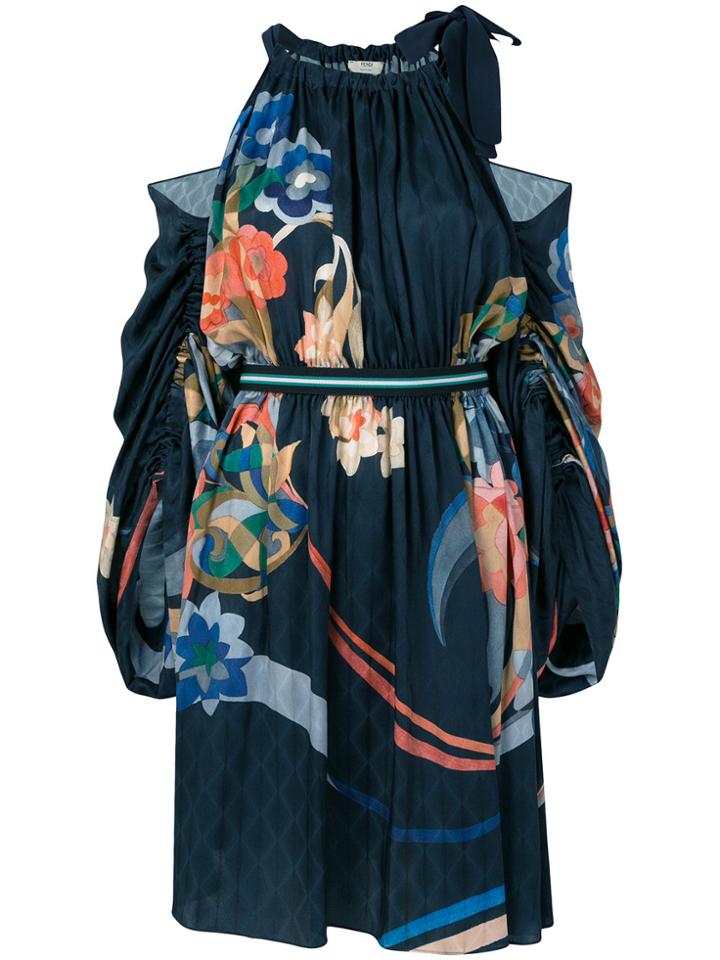 Fendi Cold-shoulder Floral Dress - Blue