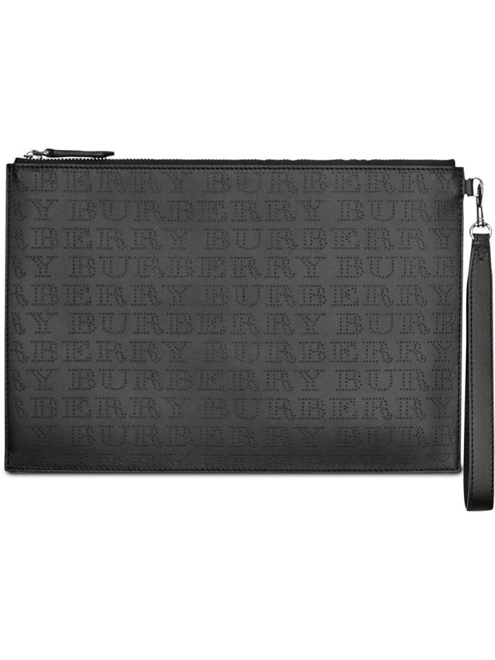 Burberry Perforated Logo Leather Zip Pouch - Black