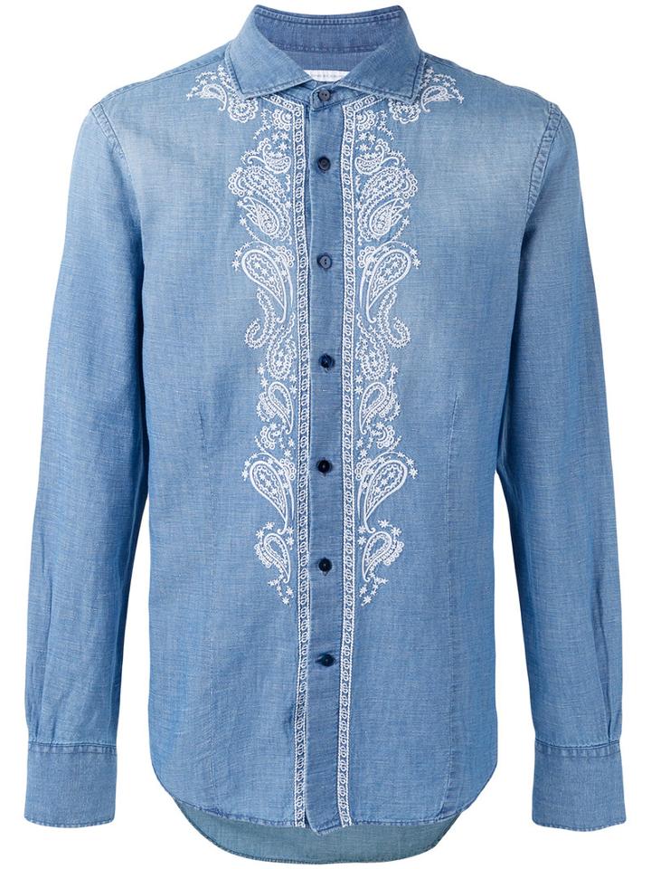 Ermanno Scervino - Embroidered Panel Buttoned Shirt - Men - Cotton/linen/flax - 48, Blue, Cotton/linen/flax