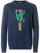 Fendi Flower Jar-intarsia Embroidered Sweater - Blue