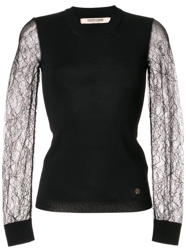 Roberto Cavalli Sheer Lace Sleeves Knitted Top - Black