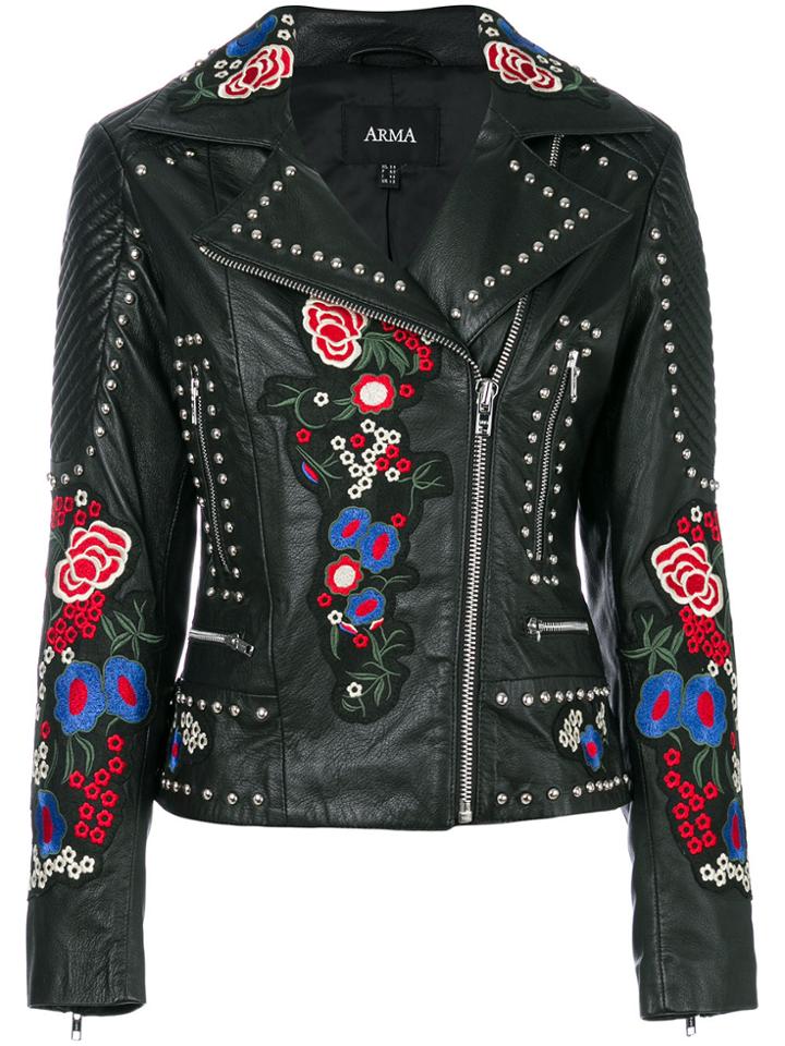 Arma Studded Embroidered Patch Biker Jacket - Black