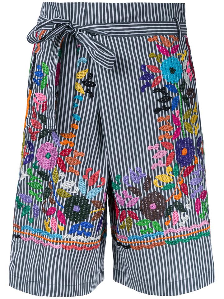 P.a.r.o.s.h. - Flower-embroidered Striped Shorts - Women - Cotton/polyamide/spandex/elastane - Xs, Black, Cotton/polyamide/spandex/elastane