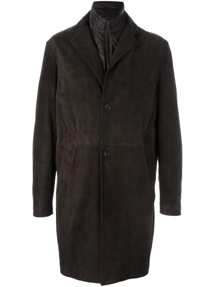 Canali Single Breasted Leather Coat, Men's, Size: 56, Brown, Leather/polyester/cupro/wool