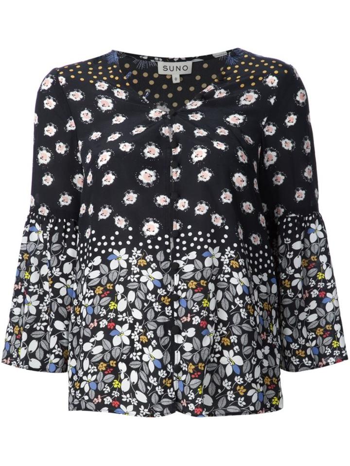 Suno Floral V-neck Blouse, Women's, Size: 2, Black, Silk