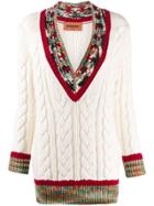 Missoni Patterned V-neck Cable Knit Jumper - Neutrals