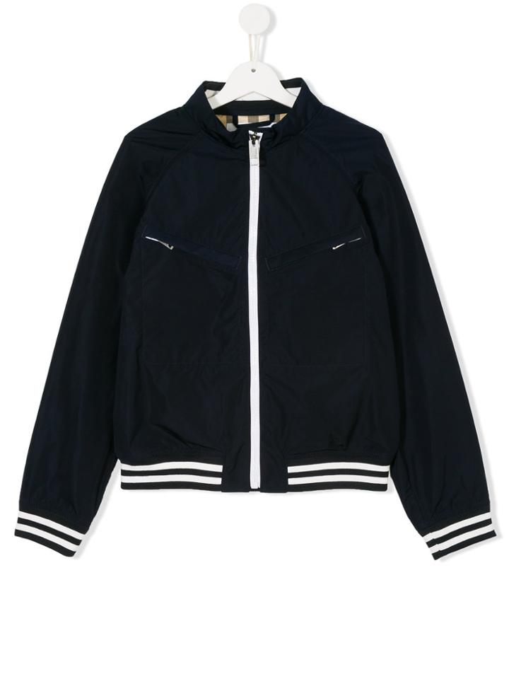 Burberry Kids Striped Hem Bomber Jacket - Blue