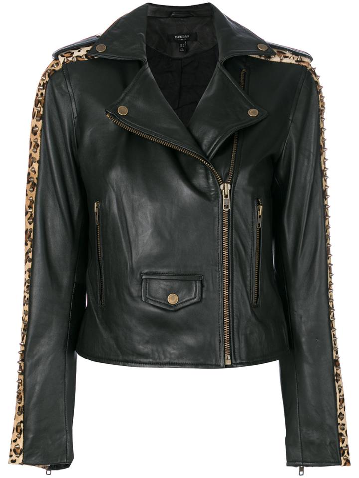 Muubaa Leopard Print Studded Biker Jacket - Black