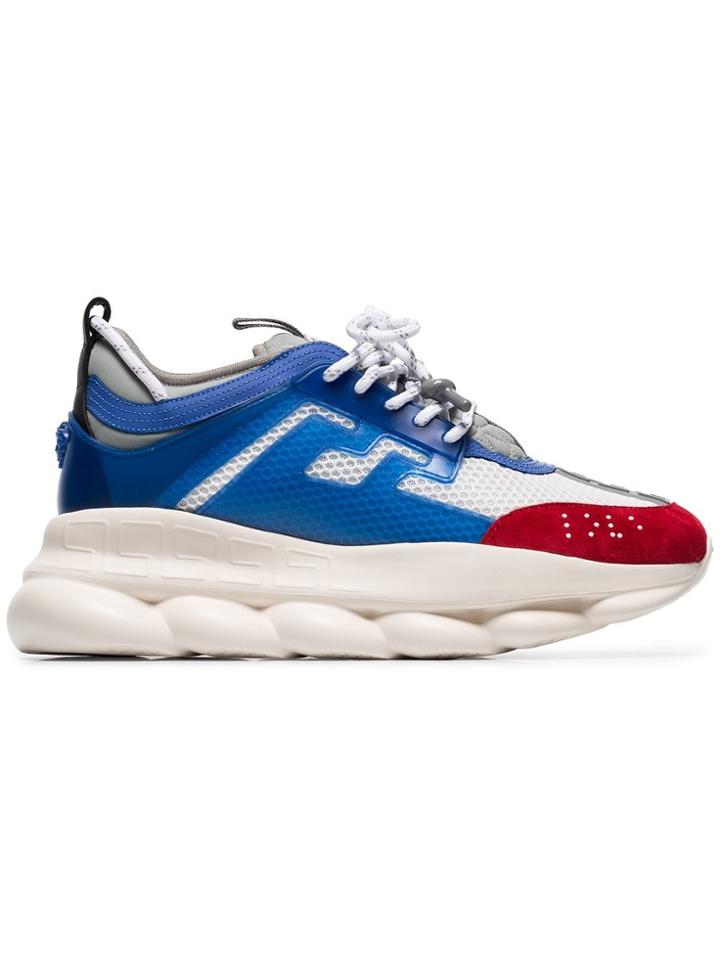 Versace Blue And Red Chain Reaction Leather Low Top Sneakers - White