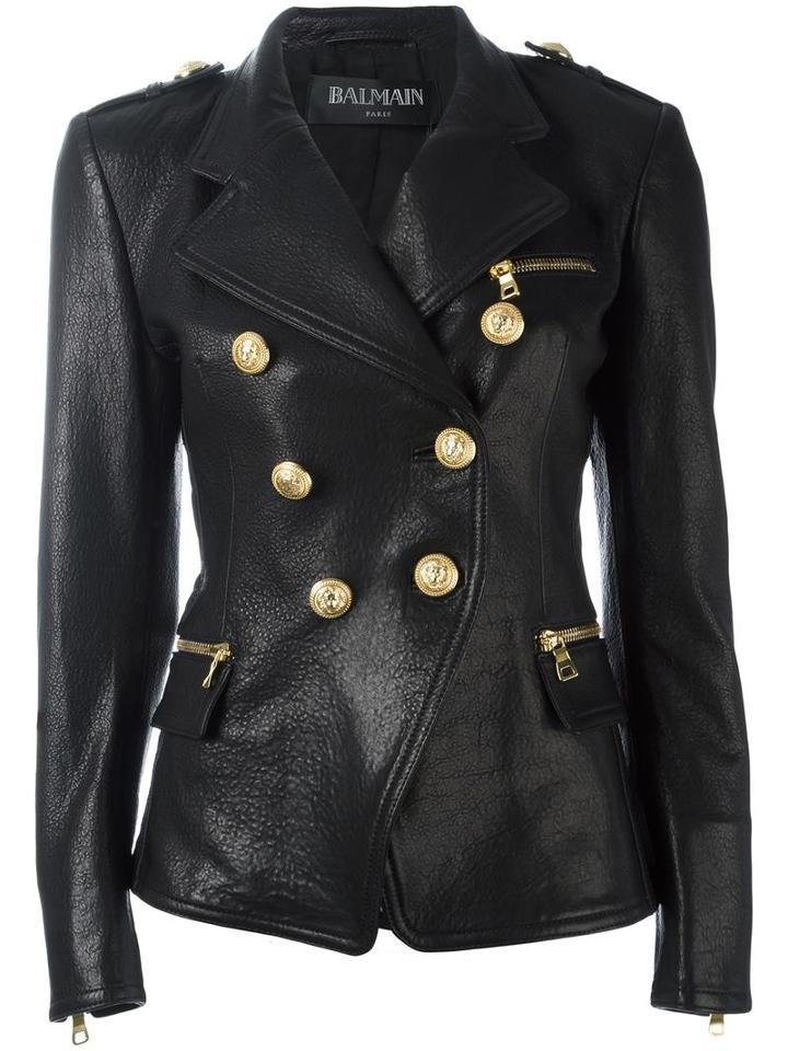 Balmain Double Breasted Leather Blazer, Women's, Size: 38, Black, Cotton/lamb Skin/viscose