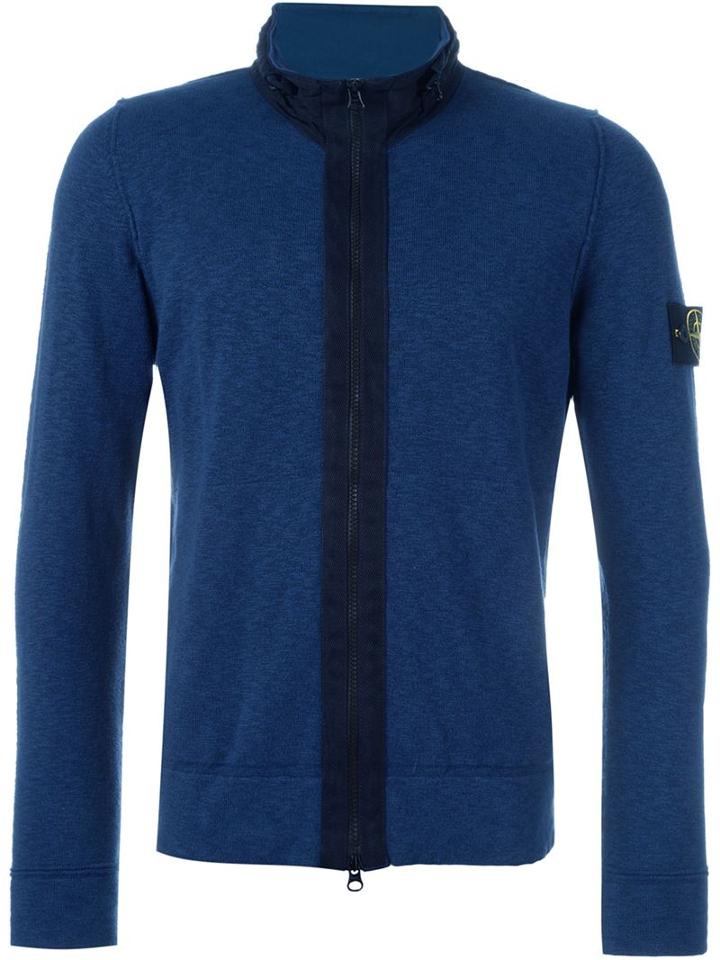 Stone Island Contrast Neck Cardigan, Men's, Size: Medium, Blue, Polyamide/cotton