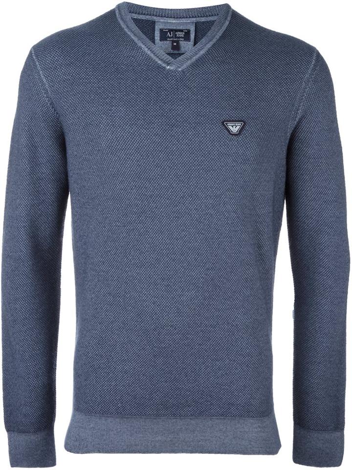 Armani Jeans V Neck Fine Knit Jumper, Men's, Size: Large, Blue, Wool
