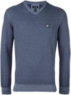 Armani Jeans V Neck Fine Knit Jumper, Men's, Size: Large, Blue, Wool