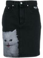 Msgm Cat Print Denim Skirt - Black