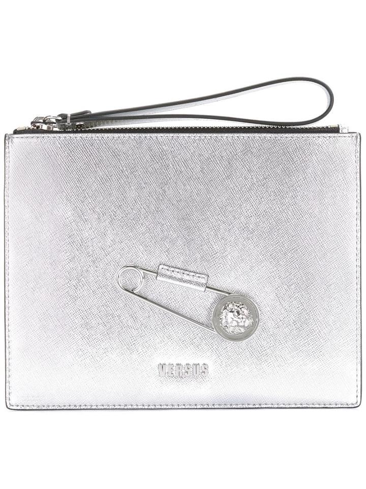 Versus Oversized Pin Clutch, Women's, Grey, Calf Leather
