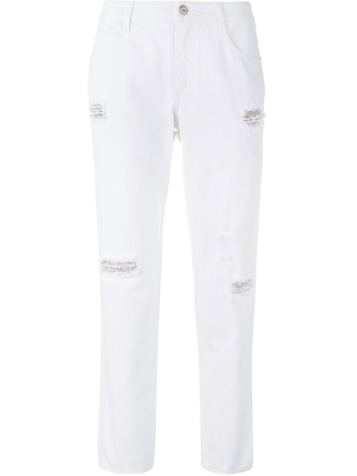 Ermanno Scervino Embellished Distressed Jeans, Women's, Size: 42, White, Cotton/polyester