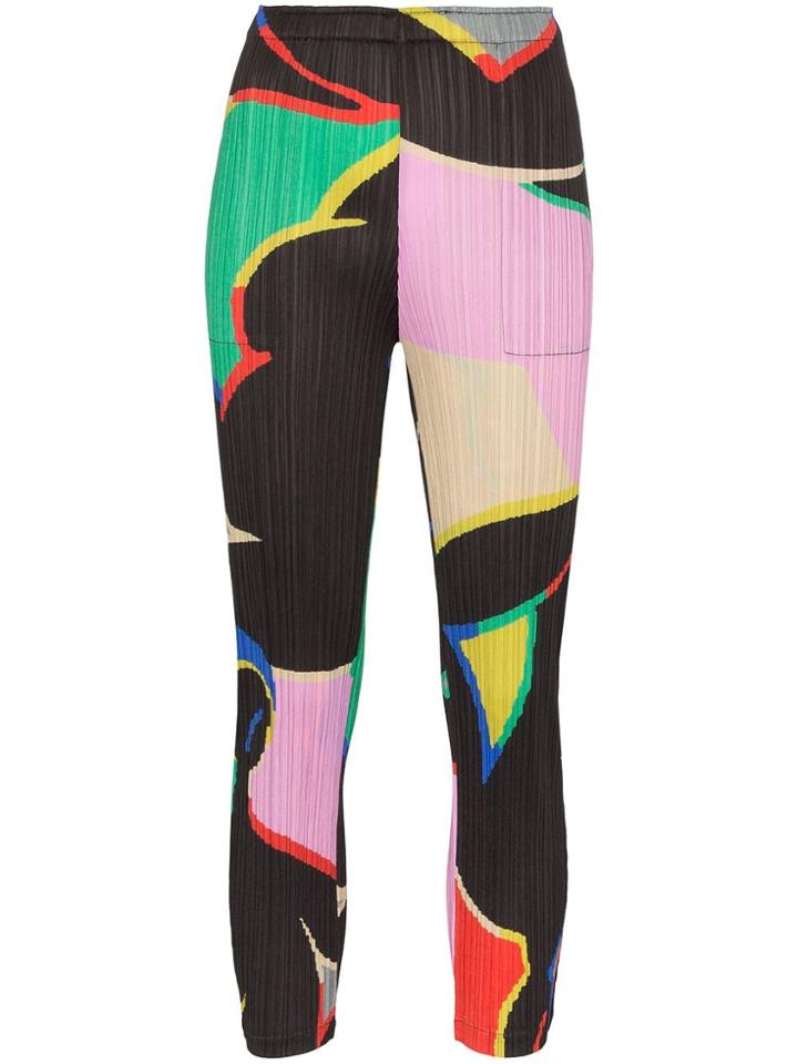 Pleats Please Issey Miyake Graphic Print Plissé Trousers - Black