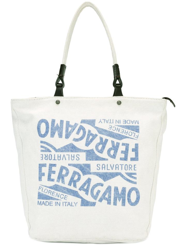 Salvatore Ferragamo Logo Tote Bag, Men's, White, Cotton