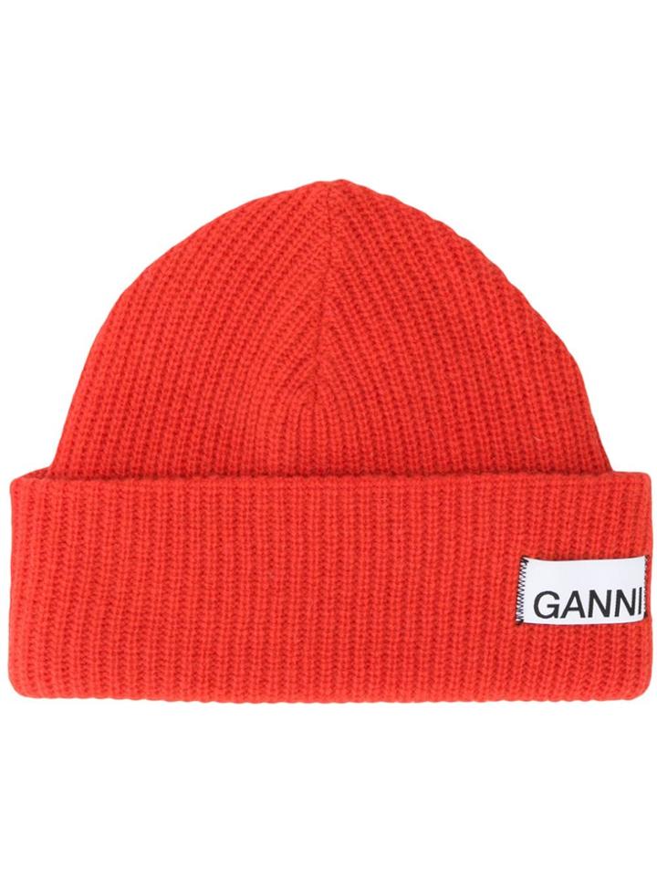 Ganni Ribbed Logo Beanie - Red