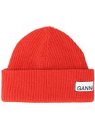 Ganni Ribbed Logo Beanie - Red