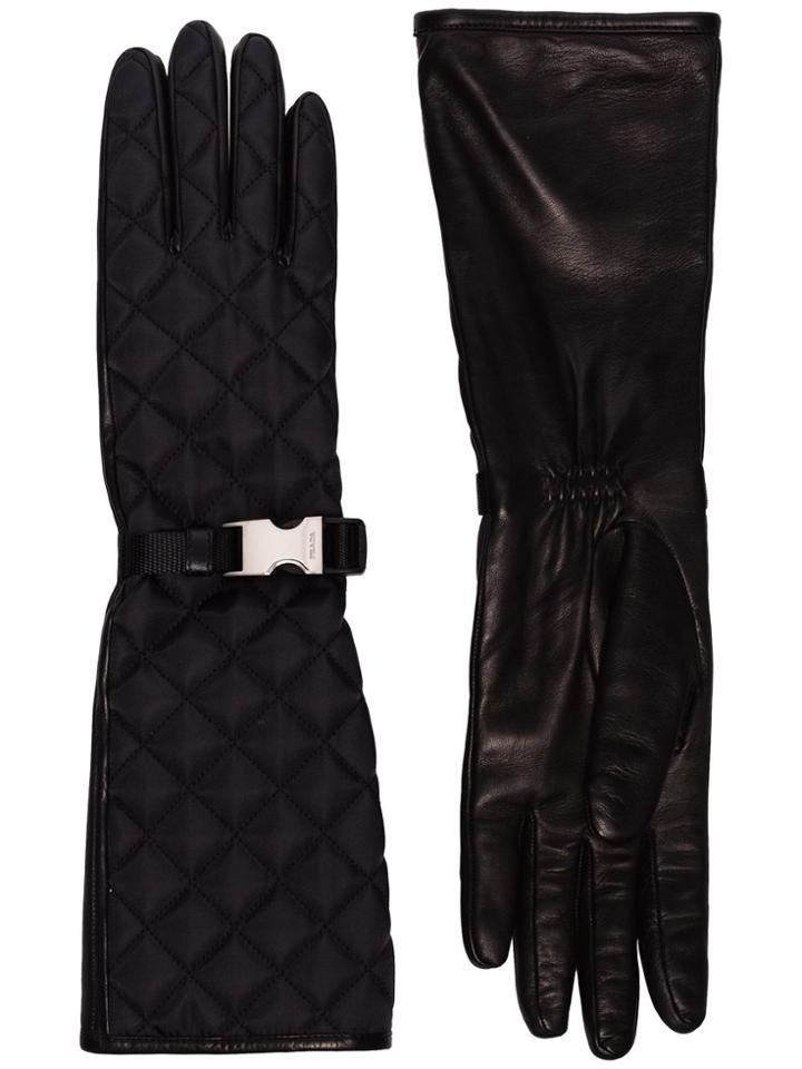 Prada Buckle Detail Quilted Gloves - Black