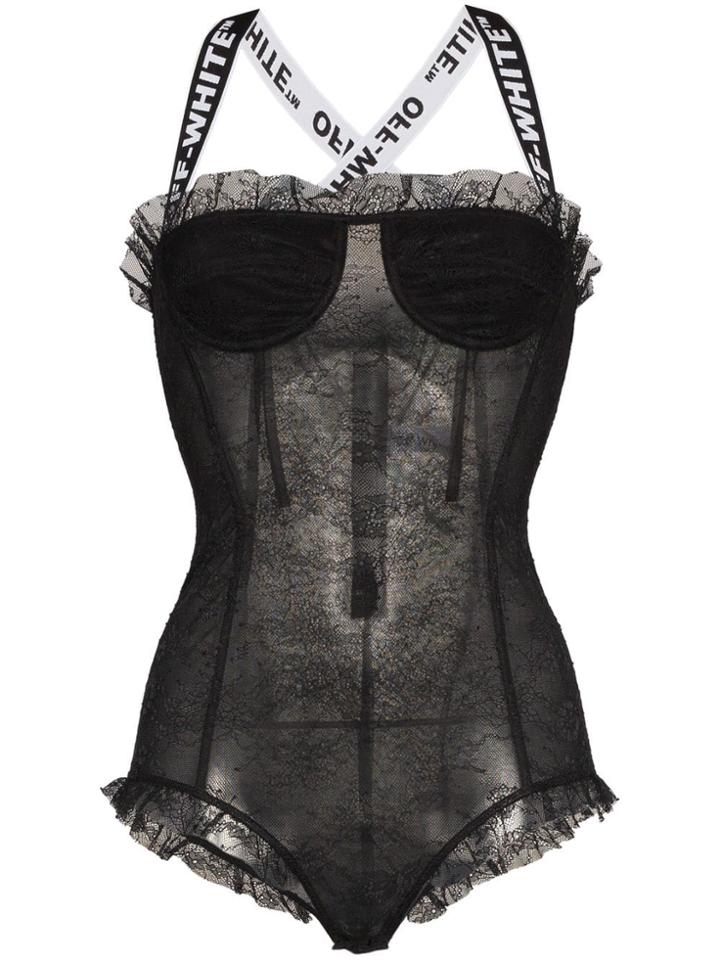 Off-white Lace-embroidered Sheer Bodysuit - Black